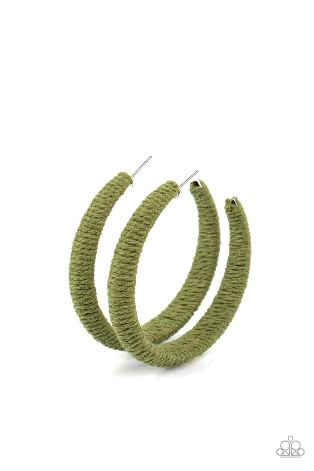 Paparazzi Accessories TWINE and Dine - Green Earthy Military Olive twine-like cording is wrapped around a thick hoop, creating a colorful rustic display. Earring attaches to a standard post fitting. Hoop measures approximately 2 1/4" in diameter. Sold as