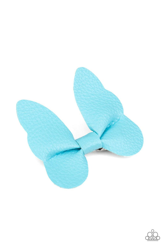 Paparazzi Accessories Butterfly Oasis - Blue Featuring scalloped edges, a piece of blue leather delicately knots into a beautiful butterfly. Features a standard hair clip on the back. Sold as one individual hair clip. Jewelry