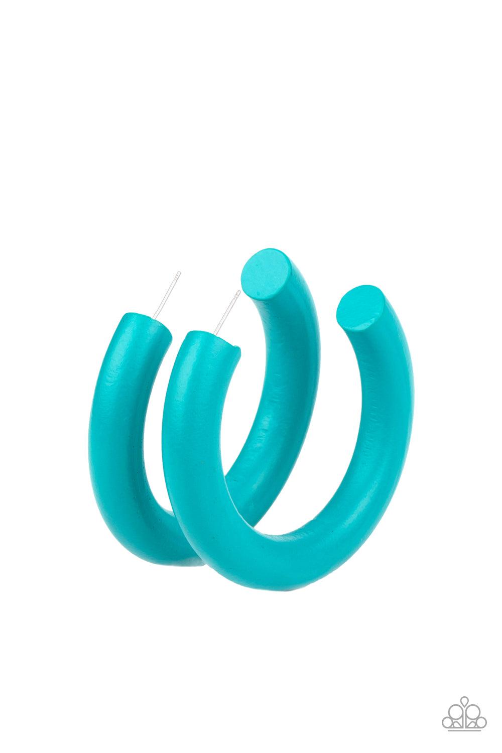 Paparazzi Accessories I WOOD Walk 500 Miles - Blue Painted in a refreshing blue finish, a thick wooden frame dramatically curls into an oversized hoop for a colorfully retro look. Earring attaches to a standard post fitting. Hoop measure approximately 2 1