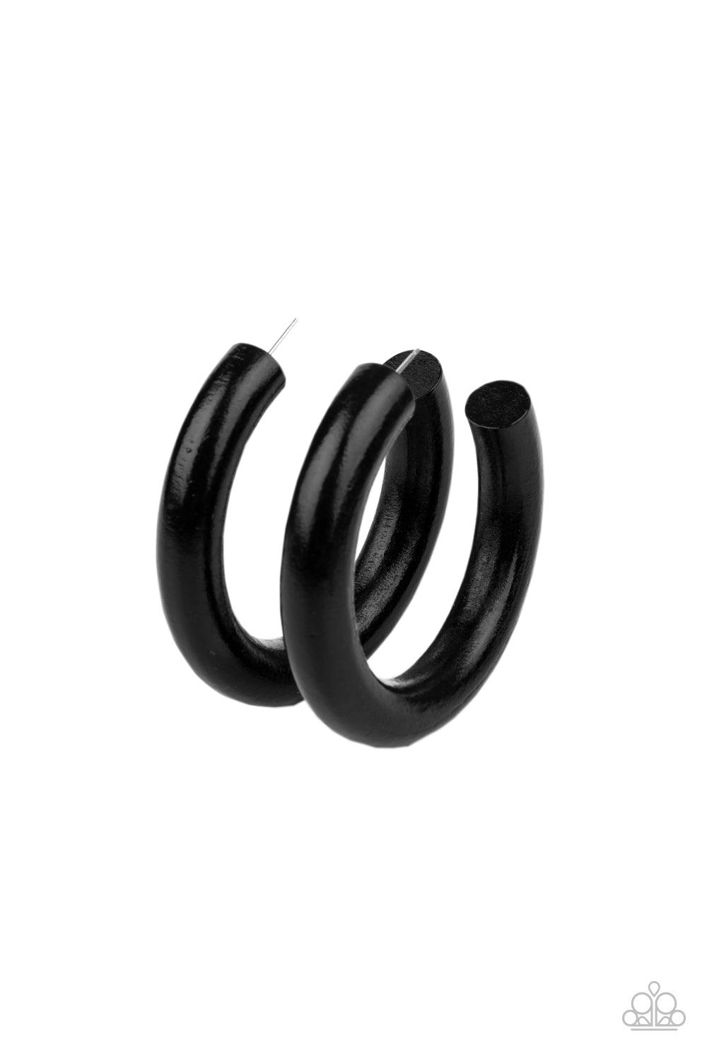 Paparazzi Accessories I WOOD Walk 500 Miles - Black Painted in a shiny black finish, a thick wooden frame dramatically curls into an oversized hoop for a colorfully retro look. Earring attaches to a standard post fitting. Hoop measures approximately 2 1/2