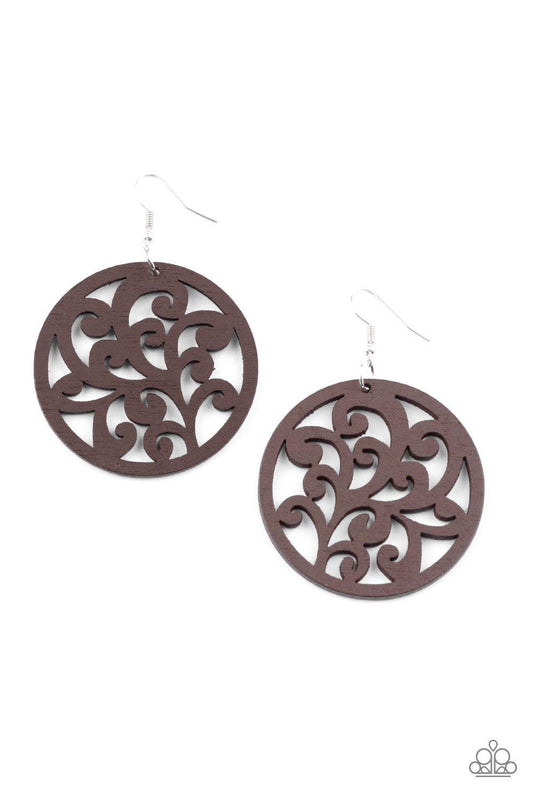 Paparazzi Accessories Fresh Off The Vine - Brown Stenciled in vine-like filigree, a brown wooden frame swings from the ear for an earthy look. Earring attaches to a standard fishhook fitting. Sold as one pair of earrings. Jewelry