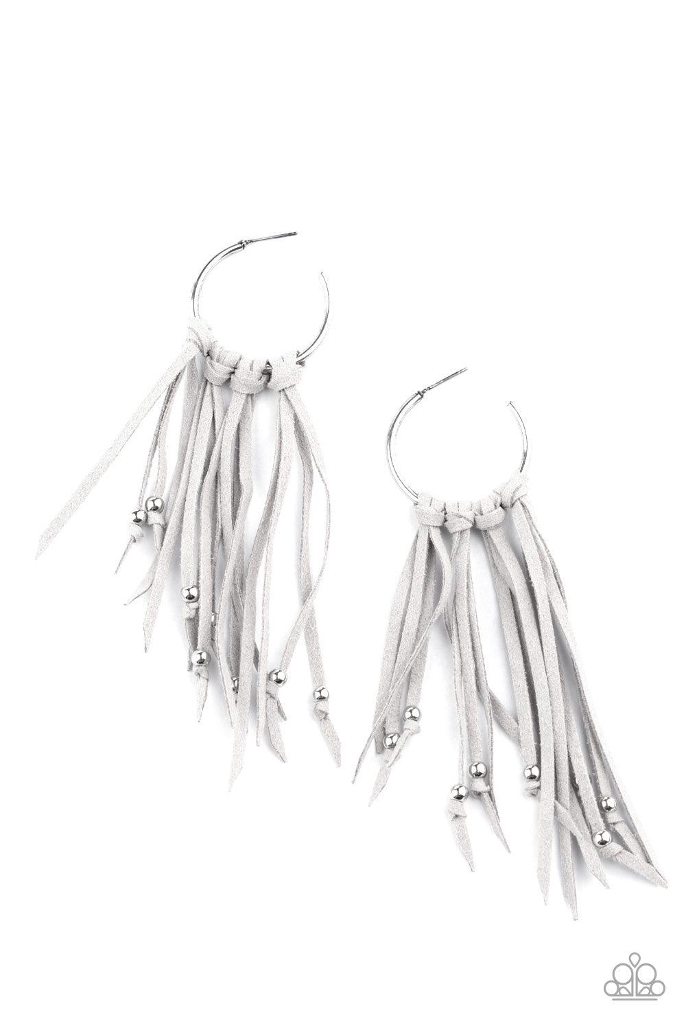 Paparazzi Accessories No Place Like HOMESPUN - Silver Embellished with dainty silver beads, strands of gray suede knot along the bottom of a dainty silver hoop, creating an earthy fringe. Earring attaches to a standard post fitting. Hoop measures approxim
