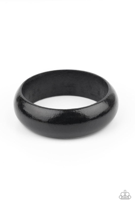 Paparazzi Accessories Whimsically Woodsy - Black Brushed in a neutral black finish, an oversized wooden bangle makes a boldly authentic impact. Sold as one individual bracelet. Jewelry