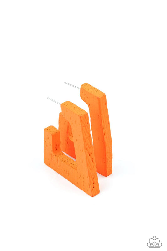 Paparazzi Accessories The Girl Next OUTDOOR - Orange Painted in a neon orange finish, a distressed wooden frame curves around the ear, creating a rectangular hoop for a retro effect. Earring attaches to a standard post fitting. Hoop measures approximately