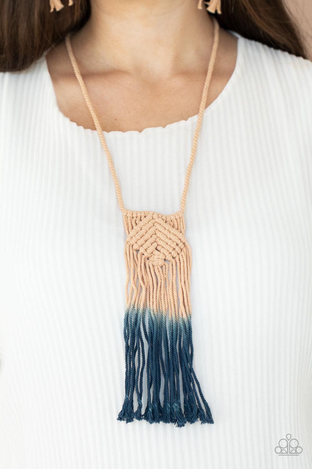 Paparazzi Accessories Look At MACRAME Now - Blue Fading from tan to Blue Depths, colorful twine-like cording delicately knots and weaves into a tasseled macramé inspired pendant across the chest. Features an adjustable sliding knot closure. Sold as one in