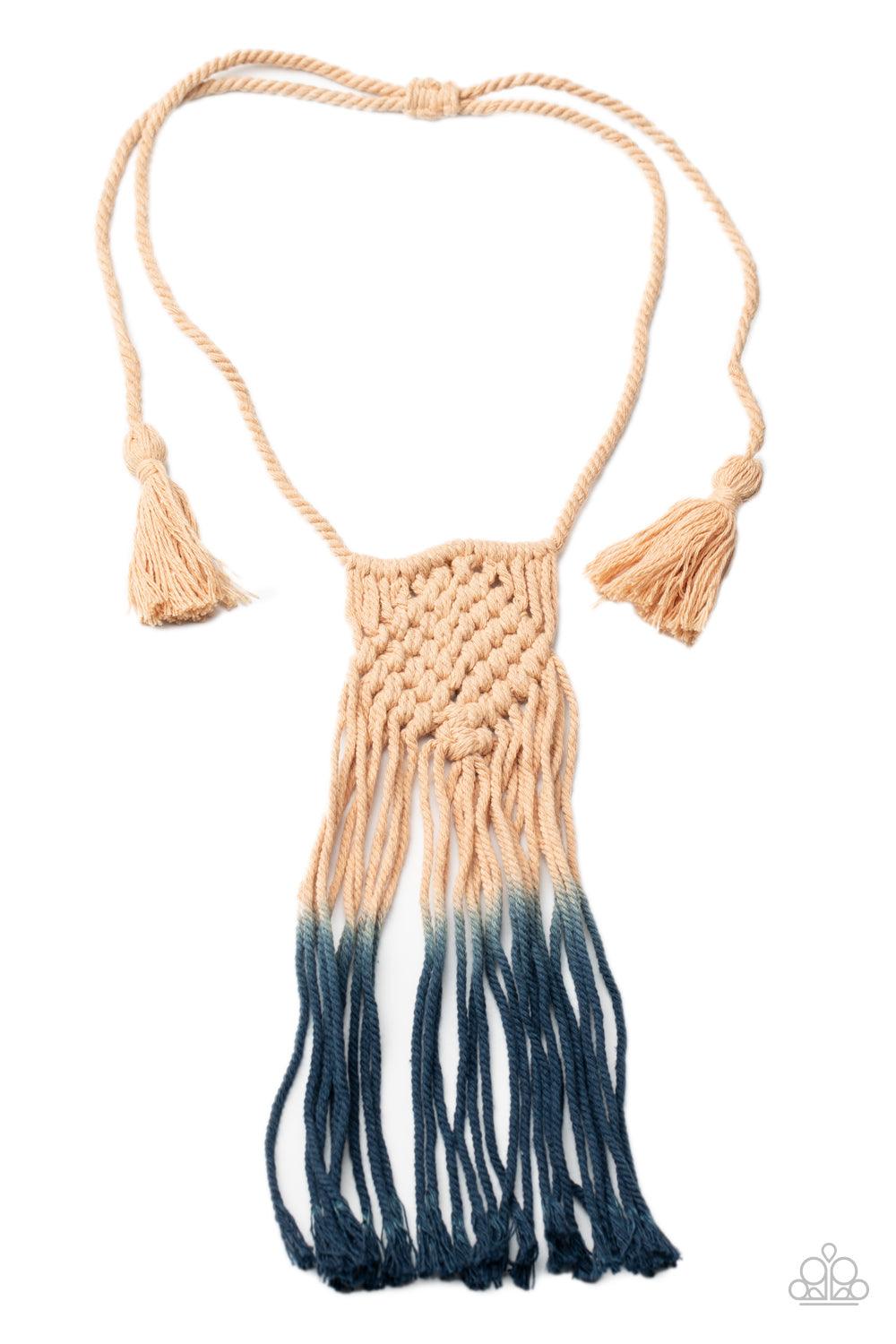 Paparazzi Accessories Look At MACRAME Now - Blue Fading from tan to Blue Depths, colorful twine-like cording delicately knots and weaves into a tasseled macramé inspired pendant across the chest. Features an adjustable sliding knot closure. Sold as one in