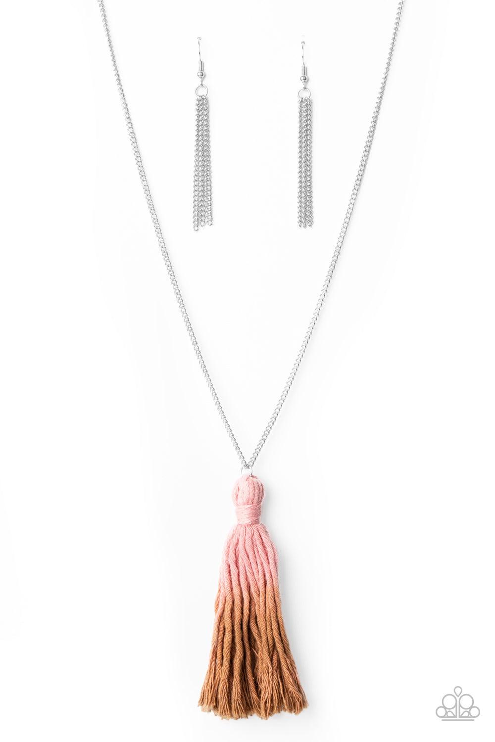 Paparazzi Accessories Totally Tasseled - Pink A knotted tassel gradually fades from Rose Tan to brown at the bottom of a lengthened silver chain, creating a colorful pendant. Features an adjustable clasp closure. Sold as one individual necklace. Includes