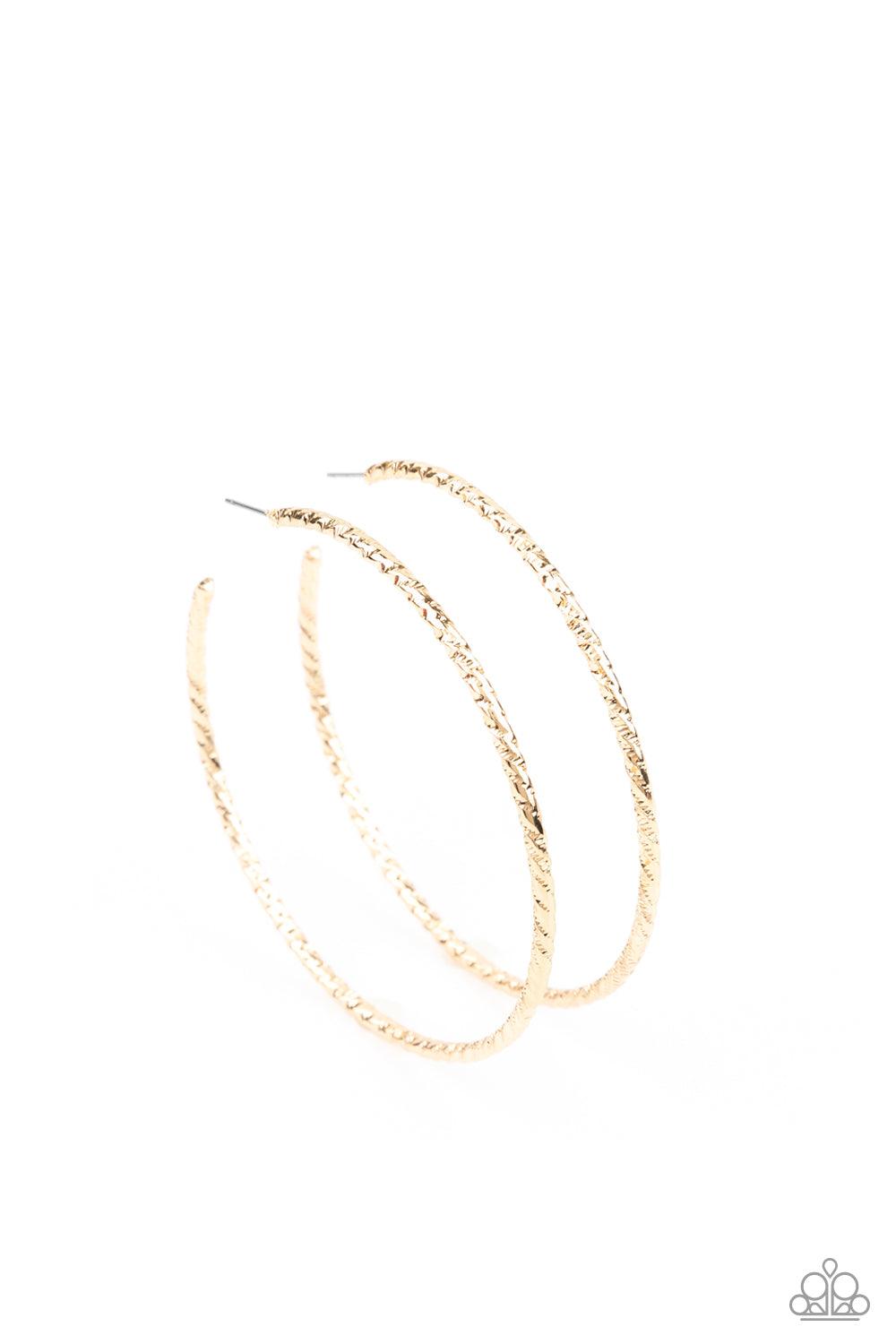 Paparazzi Accessories Voluptuous Volume - Gold Etched in twisted diamond-cut texture, an oversized gold bar delicately curls into a dramatically oversized hoop. Earring attaches to a standard post fitting. Hoop measures approximately 2 1/2" in diameter. S