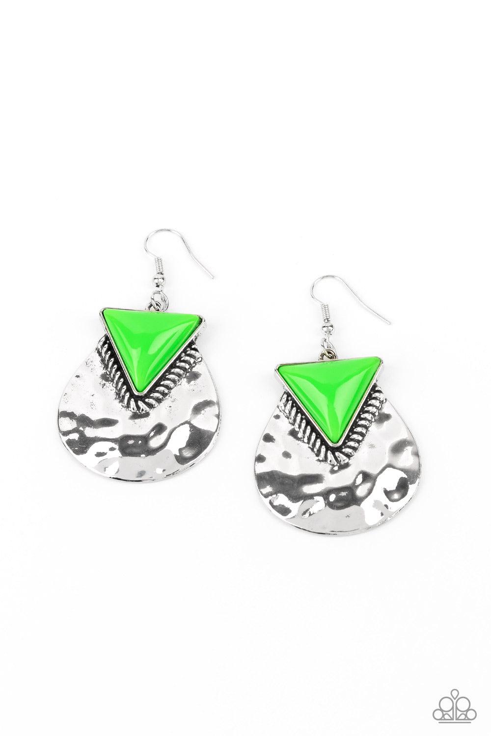 Paparazzi Accessories Road Trip Treasure - Green A neon green triangular bead is pressed into the top of a hammered silver lure, creating a colorfully rustic frame. Earring attaches to a standard fishhook fitting. Sold as one pair of earrings. Jewelry