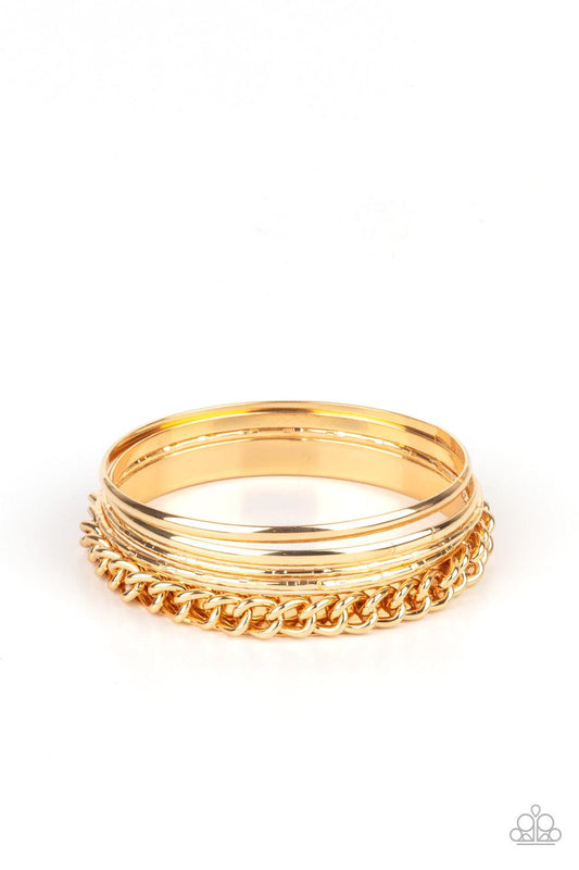Paparazzi Accessories A Piece of The Action - Gold Pairs of smooth and textured gold bangles join a gold bangle around the wrist that is decorated in a single strand of gold chain for a gritty finish. Sold as one set of five bracelets. Jewelry