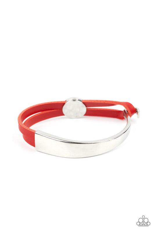 Paparazzi Accessories A Notch Above The Rest - Red A hammered silver bead glides along two strands of red leather that attach to an asymmetrical silver bar that curls out into a hook. Features a hook closure. Sold as one individual bracelet. Jewelry