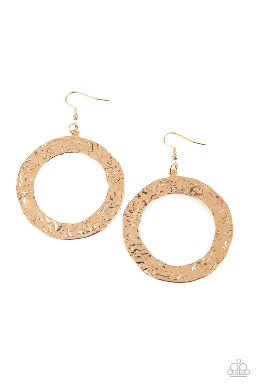 Paparazzi Accessories PRIMAL Meridian - Gold A flat gold circular frame has been hammered in blinding detail for a handcrafted look. Earring attaches to a standard fishhook fitting. Sold as one pair of earrings. Jewelry