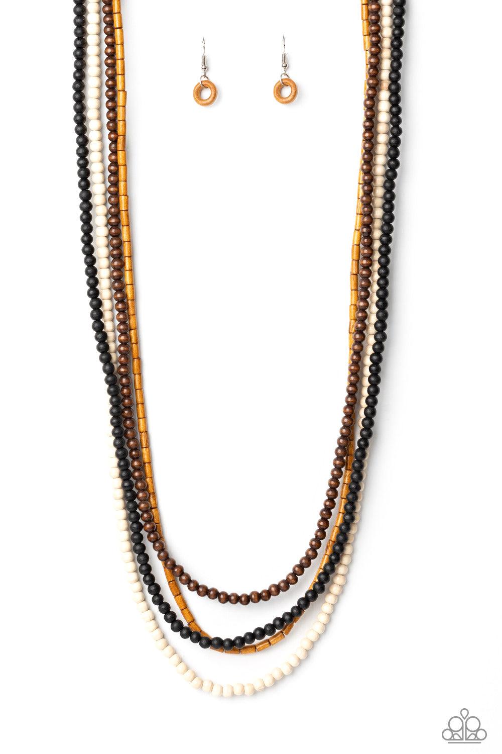 Paparazzi Accessories Bermuda Beaches - Multi Featuring round and cylindrical shapes, mismatched strands of black, brown, tan, and white wooden beads drape across the chest for a summery look. Features an adjustable clasp closure. Sold as one individual n