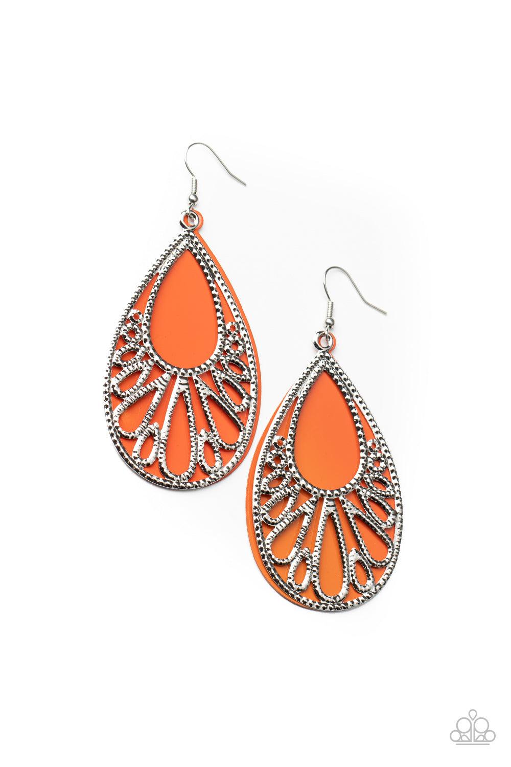 Paparazzi Accessories Loud and Proud - Orange Stenciled with studded filigree, an airy silver teardrop overlaps atop an orange acrylic teardrop frame, creating a flamboyant lure. Earring attaches to a standard fishhook fitting. Sold as one pair of earring