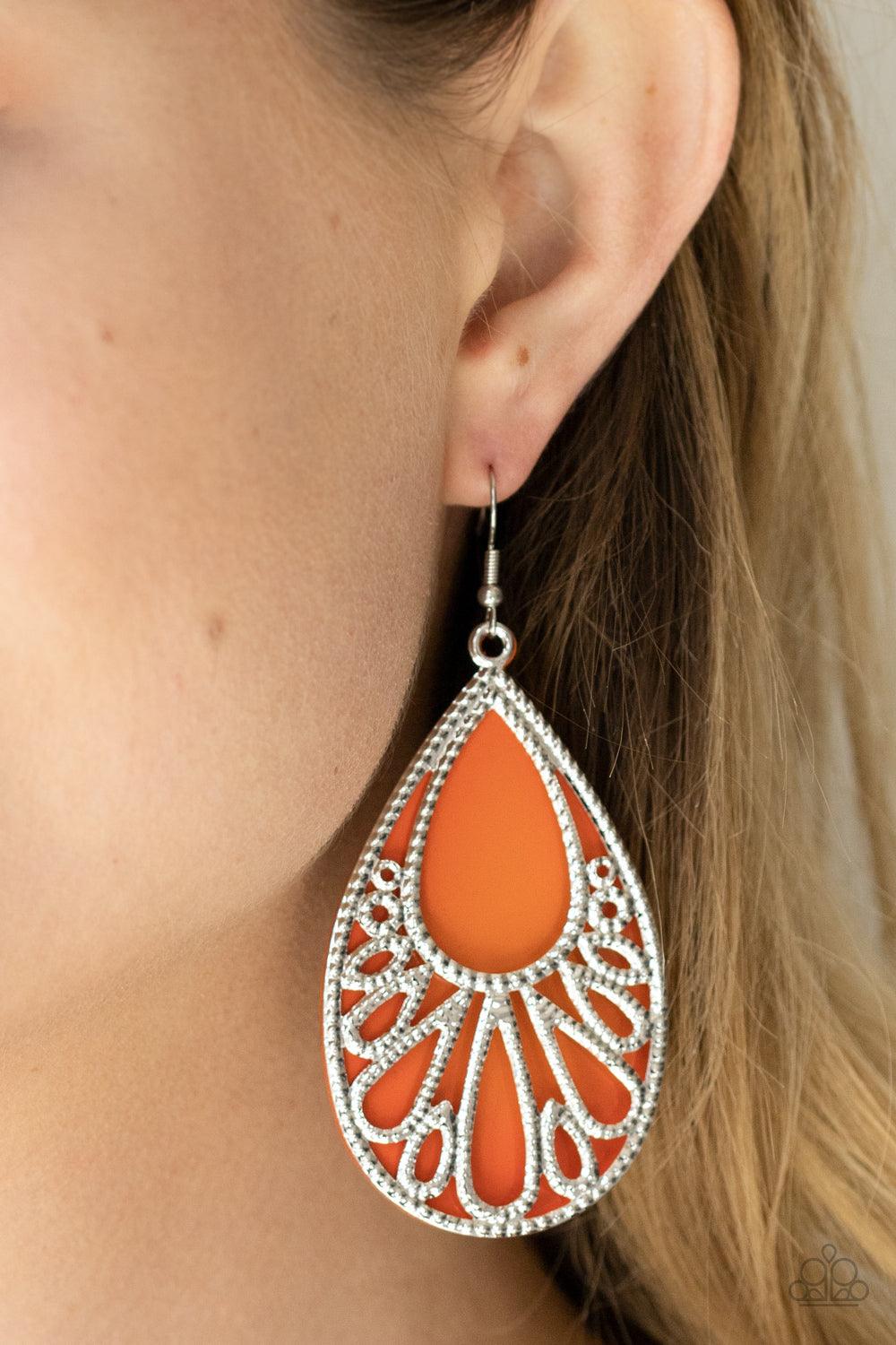 Paparazzi Accessories Loud and Proud - Orange Stenciled with studded filigree, an airy silver teardrop overlaps atop an orange acrylic teardrop frame, creating a flamboyant lure. Earring attaches to a standard fishhook fitting. Sold as one pair of earring