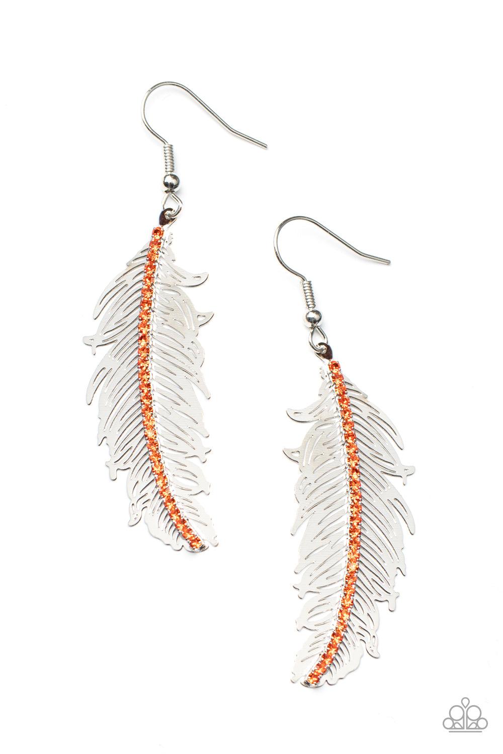 Paparazzi Accessories Fearless Flock - Orange A row of dainty orange rhinestones are encrusted down the spine of a lifelike silver feather, creating a refined frame. Earring attaches to a standard fishhook fitting. Sold as one pair of earrings. Jewelry