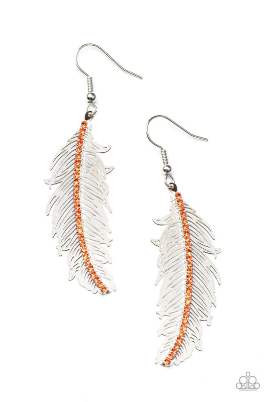 Paparazzi Accessories Fearless Flock - Orange A row of dainty orange rhinestones are encrusted down the spine of a lifelike silver feather, creating a refined frame. Earring attaches to a standard fishhook fitting. Sold as one pair of earrings. Jewelry