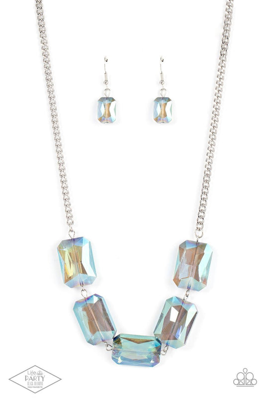 Paparazzi Accessories Heard It On The HEIR-Waves - Blue Gorgeously oversized blue emerald-cut gems boldly link below the collar, creating an iridescently icy statement piece. Features an adjustable clasp closure. Sold as one individual necklace. Includes