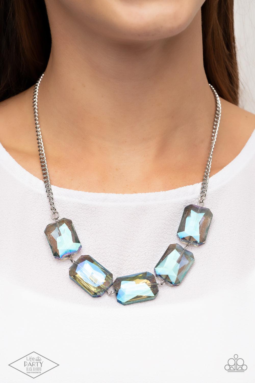 Paparazzi Accessories Heard It On The HEIR-Waves - Blue Gorgeously oversized blue emerald-cut gems boldly link below the collar, creating an iridescently icy statement piece. Features an adjustable clasp closure. Sold as one individual necklace. Includes