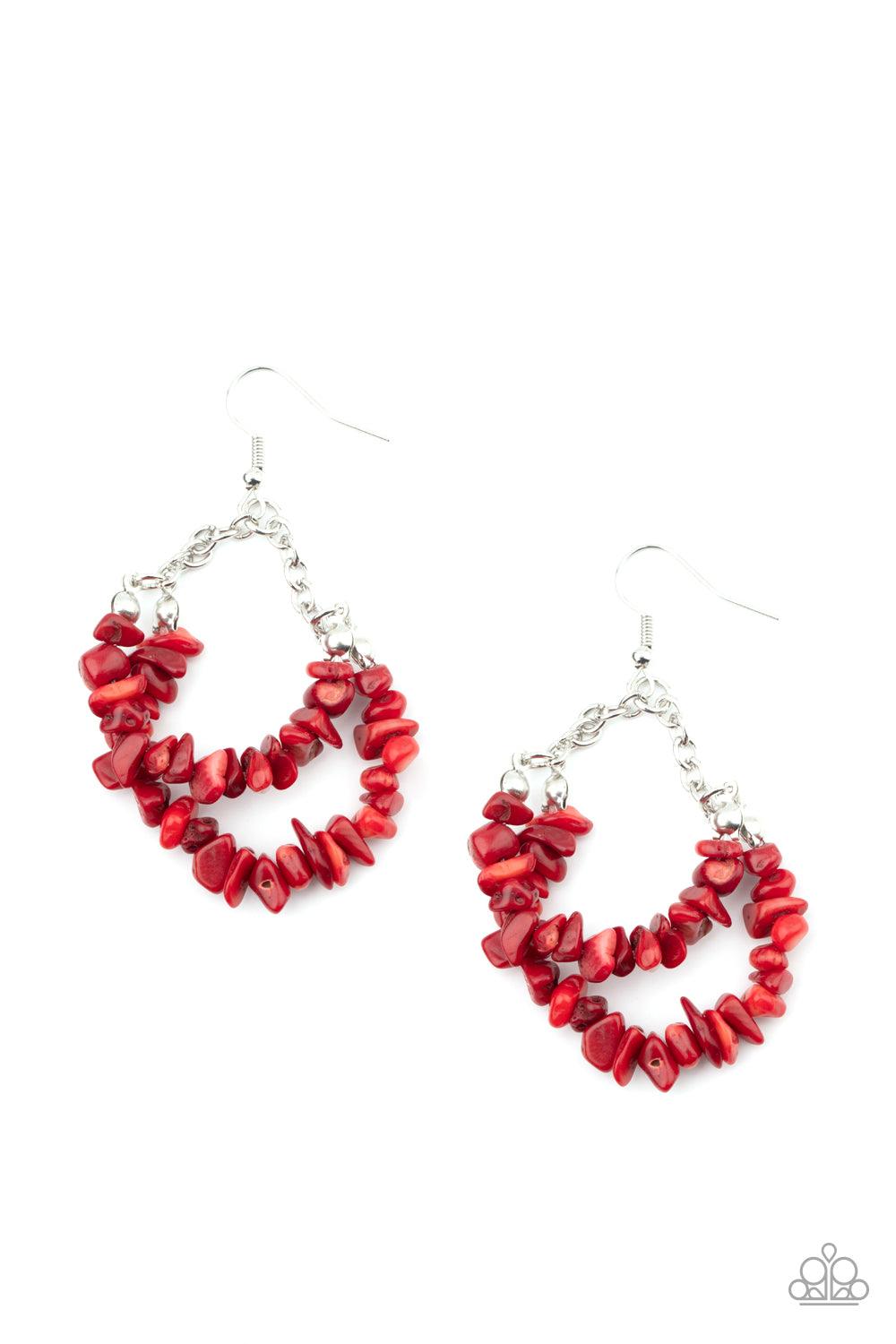 Paparazzi Accessories Rainbow Rock Gardens - Red Attached to shimmery silver chains, a fiery collection of red pebble-like stones are threaded along two dainty silver wires, layering into an earthy teardrop. Earring attaches to a standard fishhook fitting