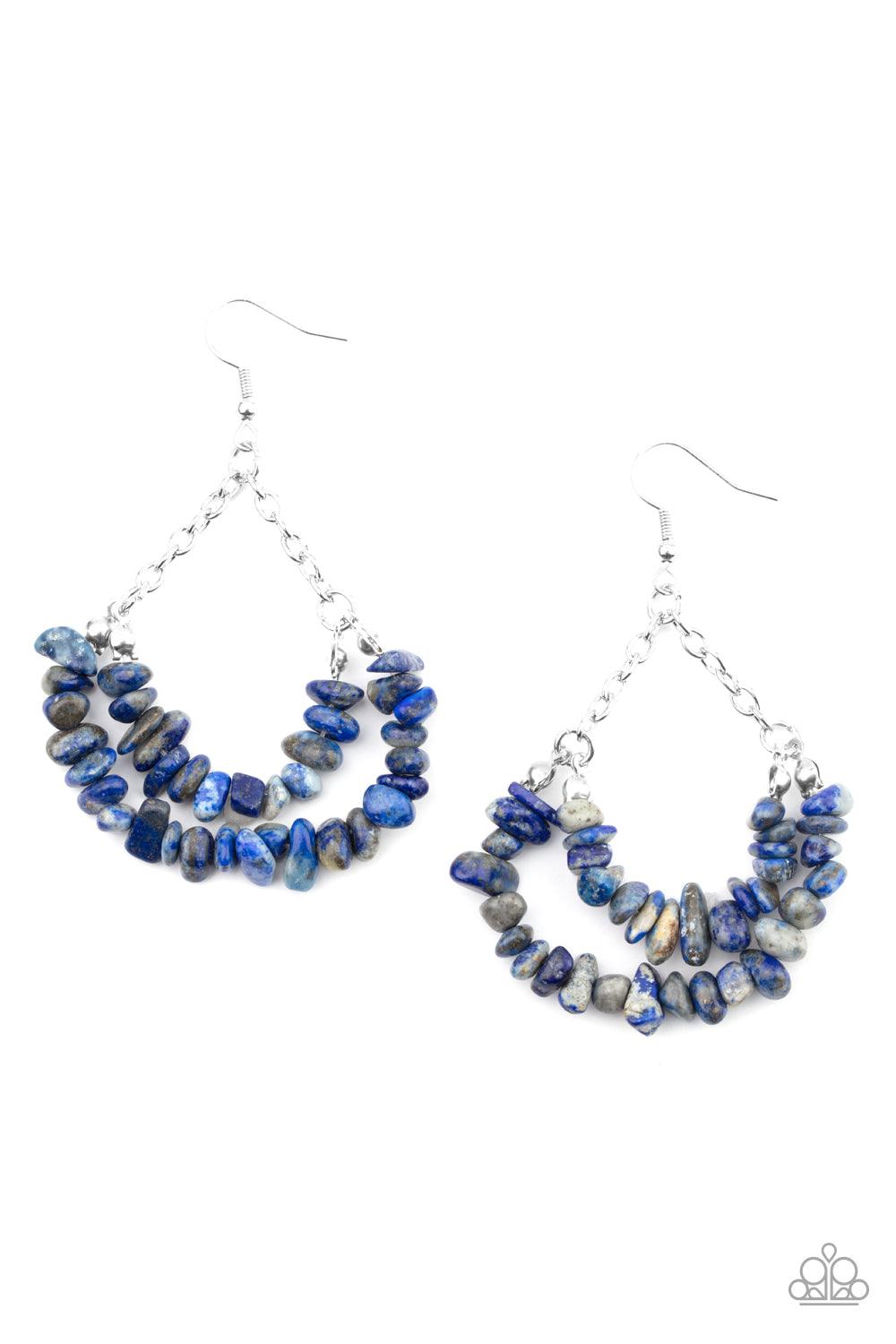 Paparazzi Accessories Rainbow Rock Gardens - Blue Attached to shimmery silver chains, a refreshing collection of blue pebble-like stones are threaded along two dainty silver wires, layering into an earthy teardrop. Earring attaches to a standard fishhook