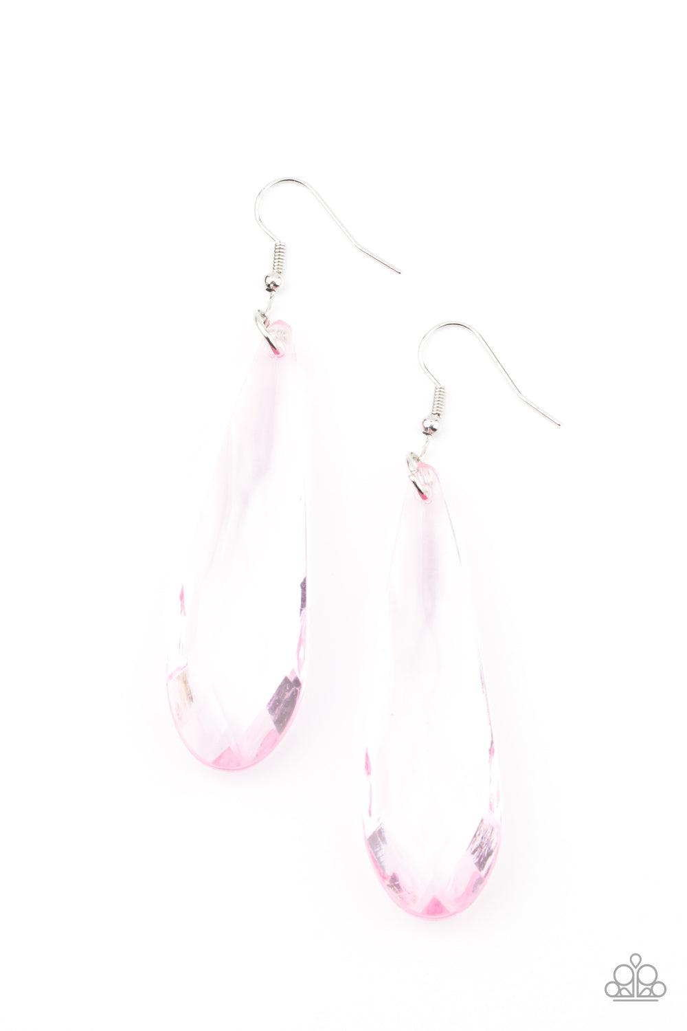 Paparazzi Accessories Crystal Crowns - Pink A dramatically oversized pink teardrop crystal swings from the ear, creating an irresistible statement piece. Earring attaches to a standard fishhook fitting. Sold as one pair of earrings. Jewelry