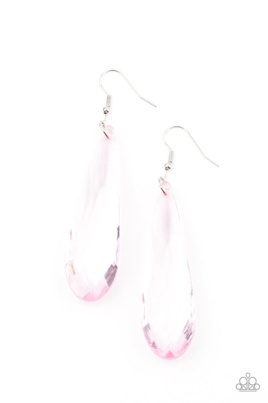 Paparazzi Accessories Crystal Crowns - Pink A dramatically oversized pink teardrop crystal swings from the ear, creating an irresistible statement piece. Earring attaches to a standard fishhook fitting. Sold as one pair of earrings. Jewelry