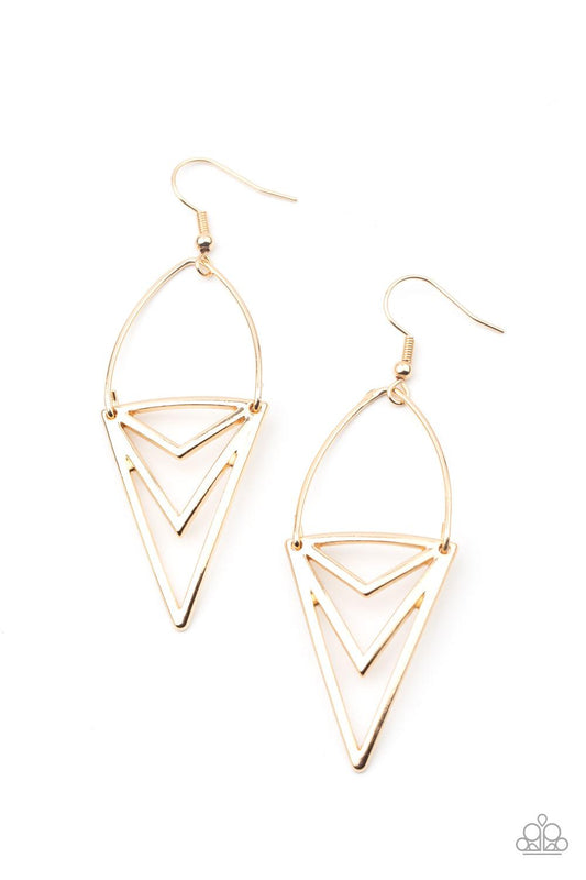 Paparazzi Accessories Proceed With Caution - Gold Attached to a dainty gold wire fitting, an edgy triangular frame swings from the ear for a bold tribal look. Earring attaches to a standard fishhook fitting. Sold as one pair of earrings. Jewelry