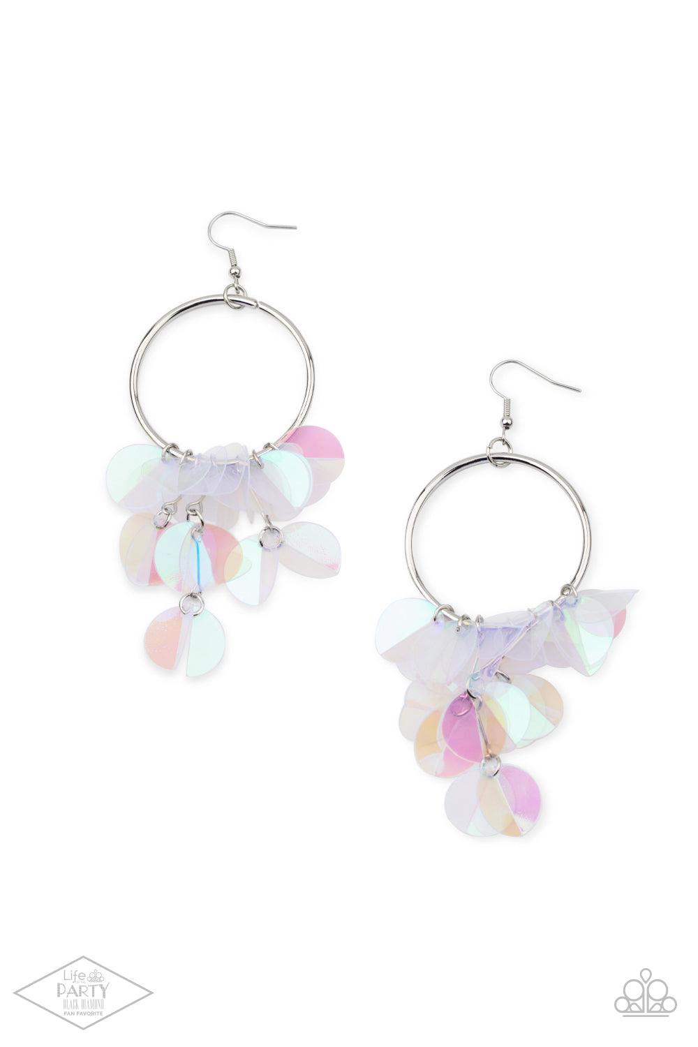 Paparazzi Accessories Holographic Hype - Multi Delicately folded in half, tassels of creased iridescent sequins swing from the bottom of a shiny silver hoop, creating an effervescent fringe. Earring attaches to a standard fishhook fitting. Sold as one pai