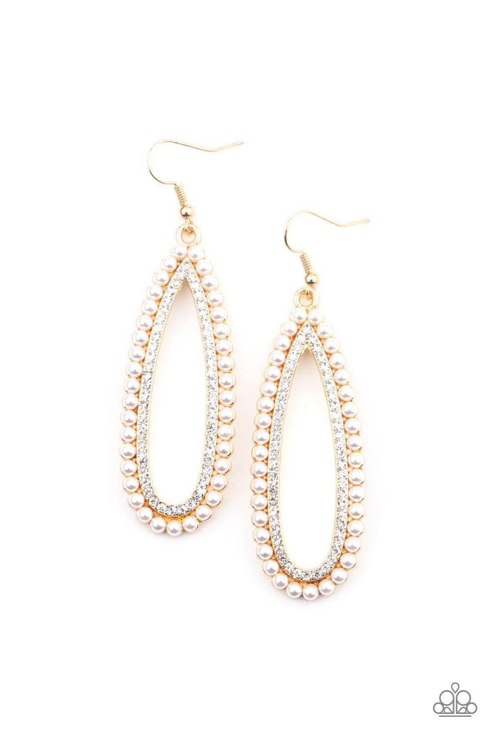 Paparazzi Accessories Glamorously Glowing - Gold A collection of dainty white pearls surrounds a glittery row of glassy white rhinestones, stacking into a vintage inspired teardrop frame. Earring attaches to a standard fishhook fitting. Sold as one pair o