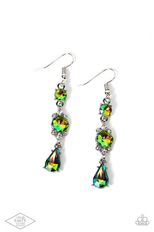 Paparazzi Accessories Outstanding Opulence - Multi Featuring a white rhinestone encrusted frame, an oversized oil spill rhinestone is linked between a classic round and teardrop oil spill rhinestone for an elegantly stacked look. Earring attaches to a sta