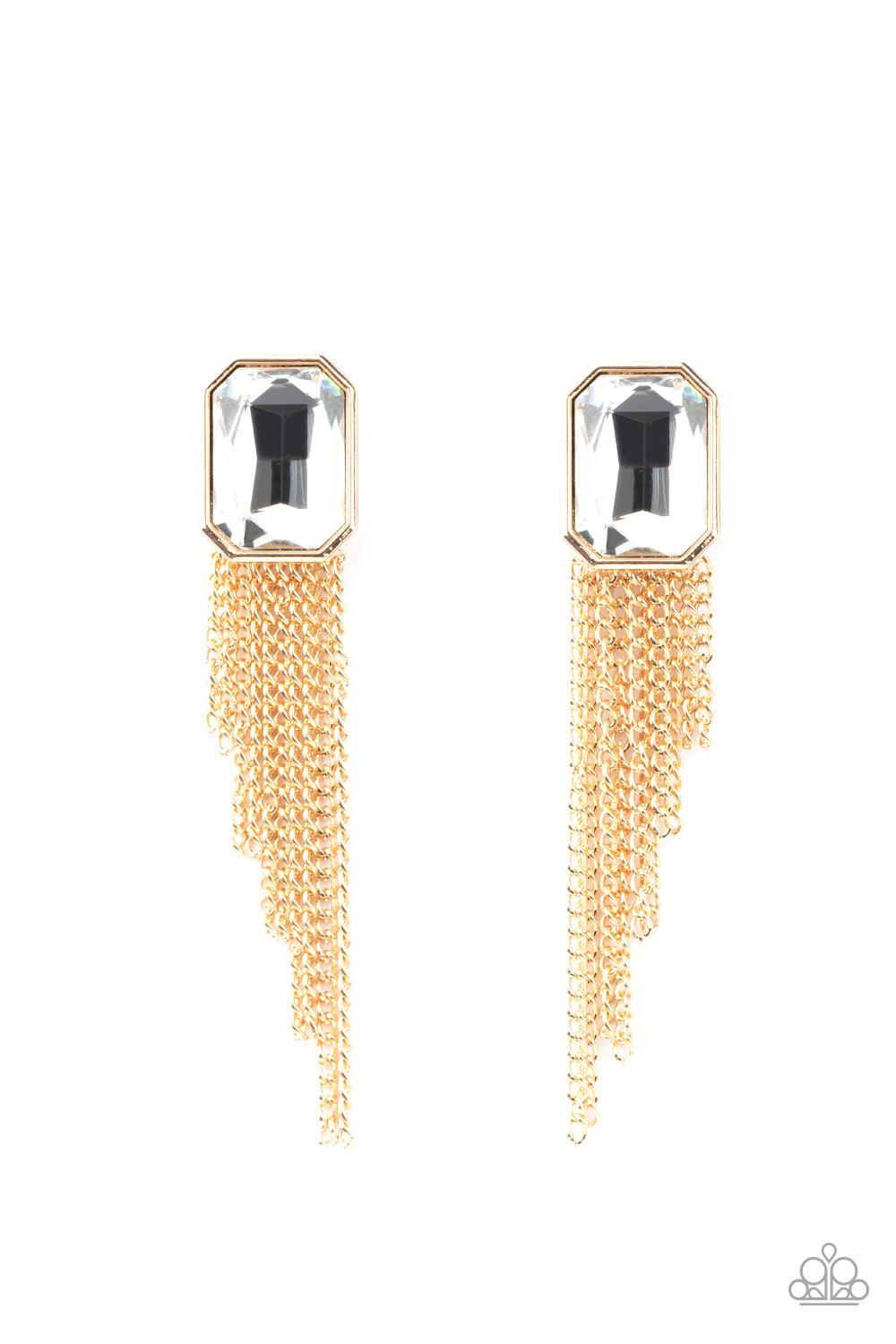 Paparazzi Accessories Save for a REIGNy Day - Gold Tapered gold chains stream from the bottom of an oversized white emerald cut gem, creating a regal fringe. Earring attaches to a standard post fitting. Sold as one pair of double-sided post earrings. Jewe
