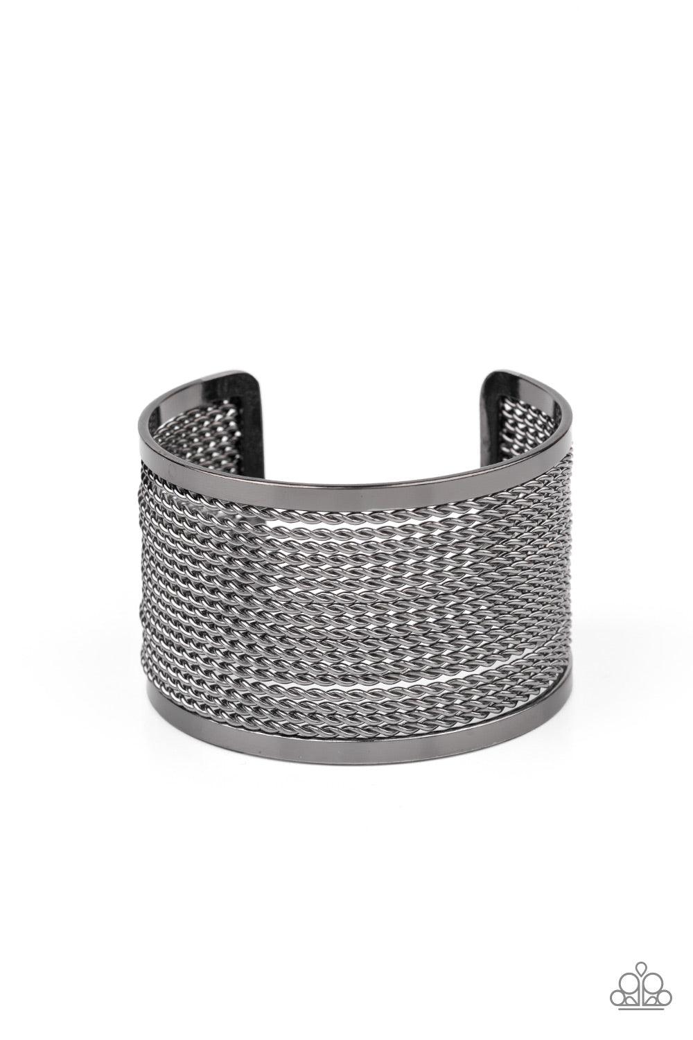 Paparazzi Accessories Stacked Sensation - Black Twisted rows of gunmetal wire layer between two flat gunmetal bars, coalescing into a boldly stacked cuff around the wrist. Sold as one individual bracelet. Jewelry