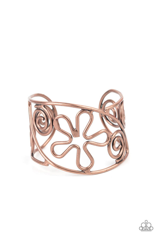 Paparazzi Accessories Groovy Sensations - Copper Antiqued copper wire bends and curls into groovy floral and swirl frames, coalescing into a psychedelic cuff around the wrist. Sold as one individual bracelet. Jewelry