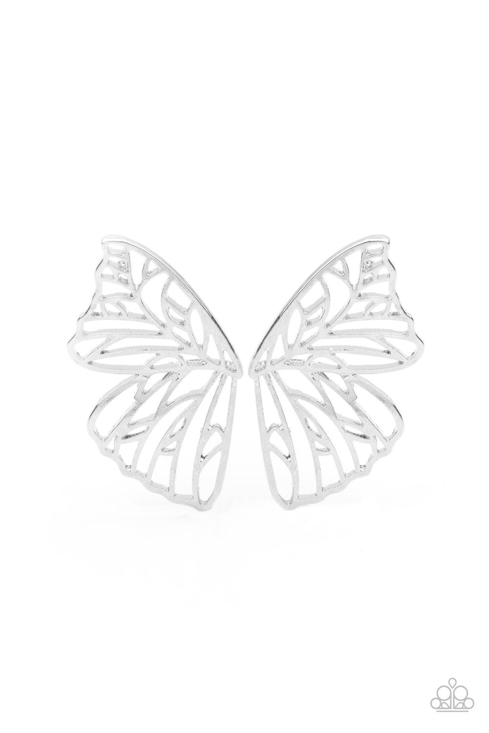 Paparazzi Accessories Butterfly Frills - Silver Shimmery silver bars delicately climb scalloped silver frames, coalescing into a whimsical butterfly wing. Earring attaches to a standard post fitting. Sold as one pair of double-sided post earrings. Jewelry