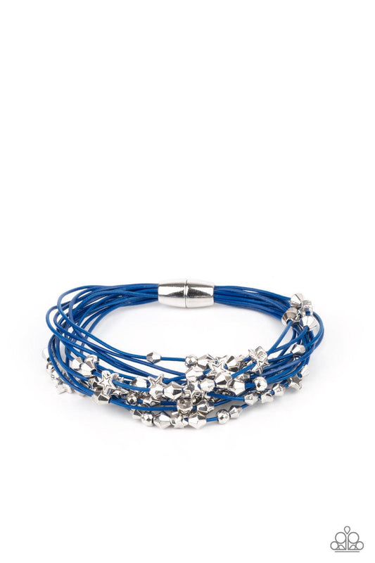 Paparazzi Accessories Star-Studded Affair - Blue A collection of faceted silver beads and silver star charms slides along French Blue cords that layer across the wrist for a colorful look. Features a magnetic closure. Sold as one individual bracelet. Jewe
