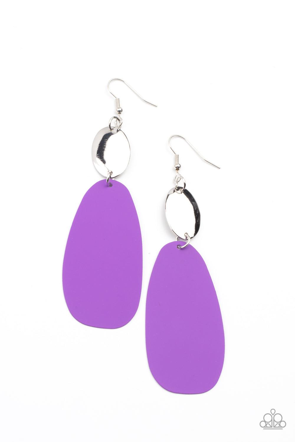 Paparazzi Accessories Vivaciously Vogue - Purple Featuring a matte finish, a vivacious purple frame swings from the bottom of an oval silver disc for a colorfully retro inspired look. Earring attaches to a standard fishhook fitting. Sold as one pair of ea