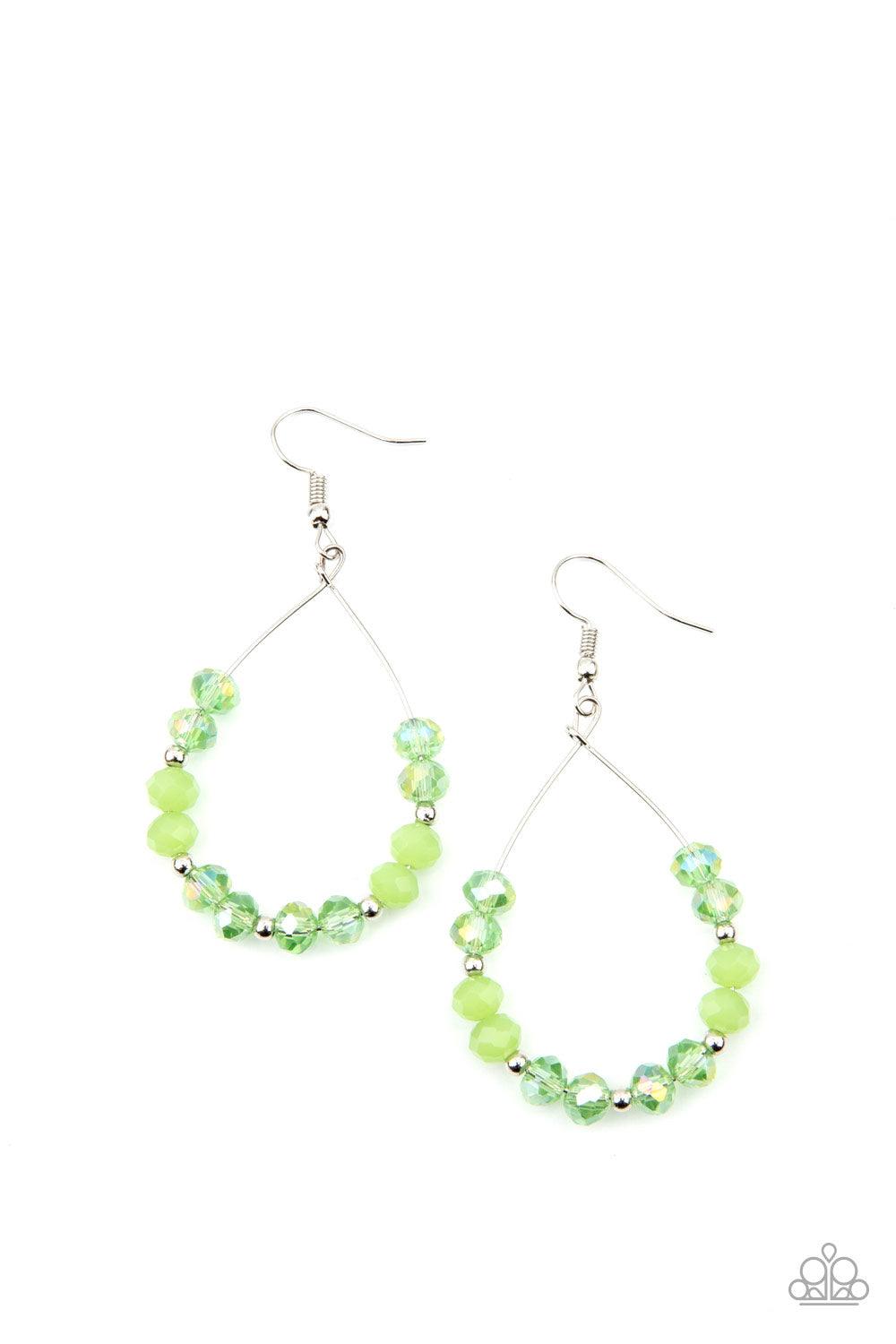 Paparazzi Accessories Wink Wink - Green Infused with dainty silver beads, a sparkly collection of glassy and opalescent green crystal-like beads glide along a dainty silver wire, coalescing into a twinkly teardrop. Earring attaches to a standard fishhook