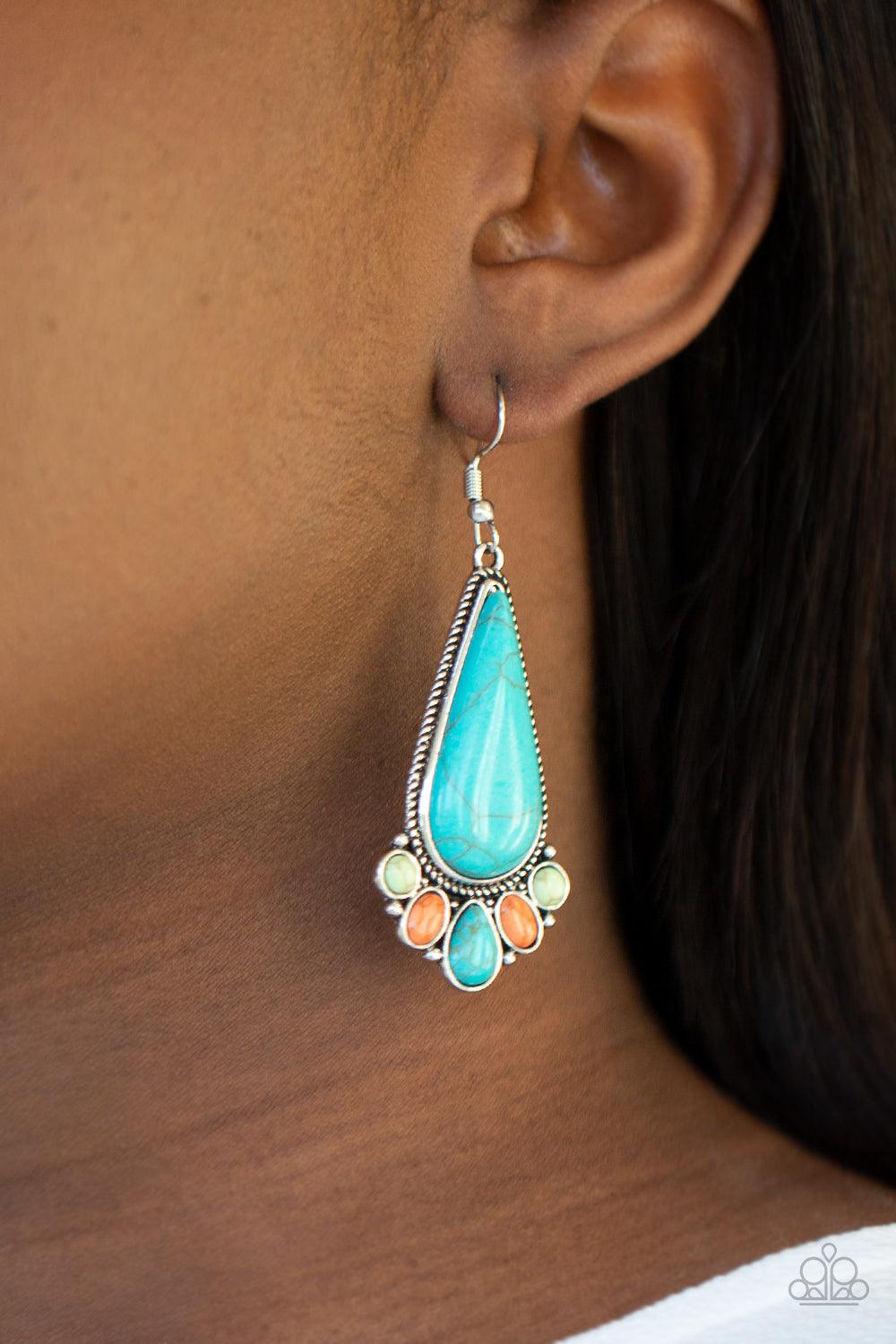 Paparazzi Accessories Rural Recluse - Multi A dainty collection of round, oval, and teardrop multicolored stones fan out from the bottom of an oversized teardrop turquoise frame for a simple seasonal flair. Earring attaches to a standard fishhook fitting.