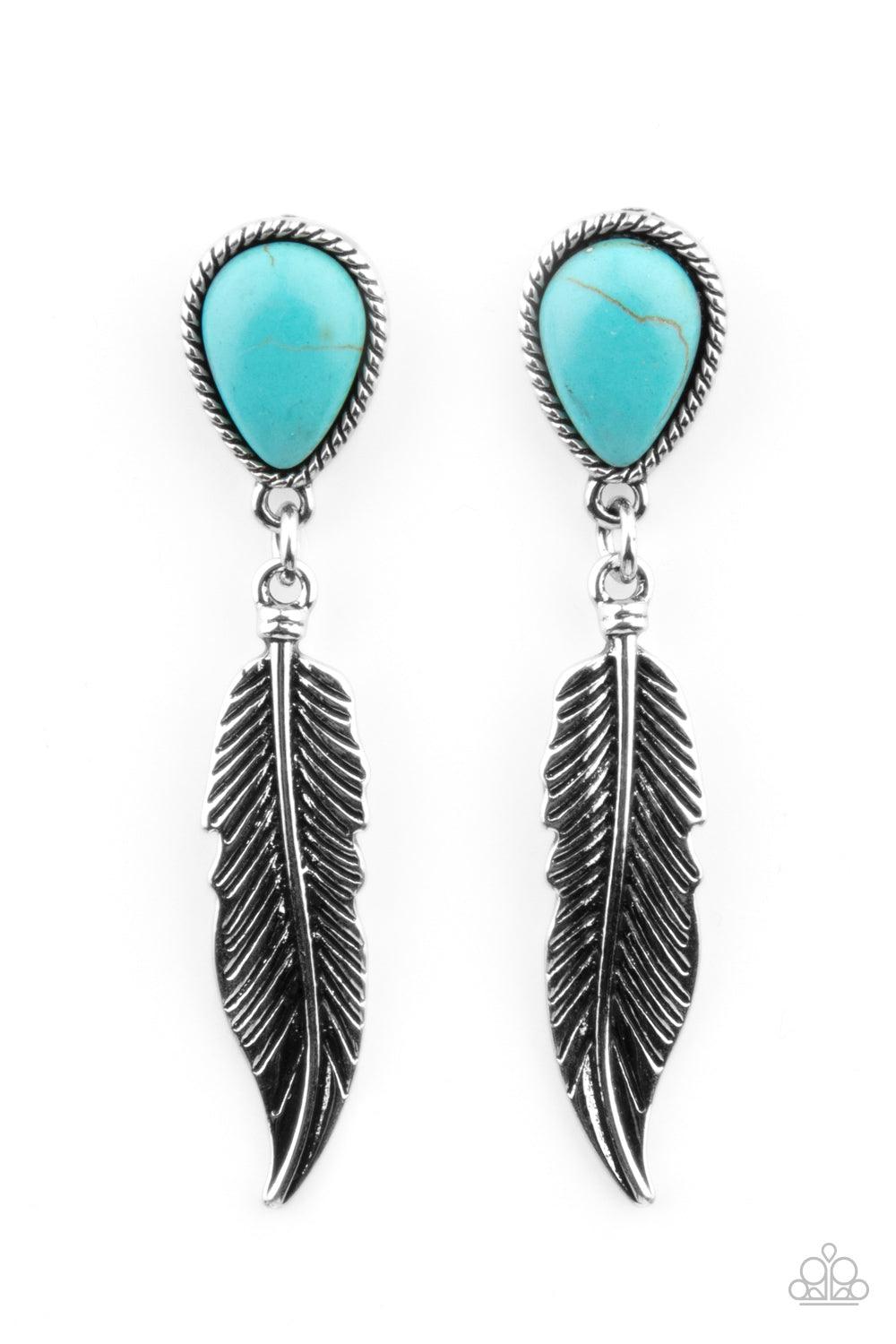 Paparazzi Accessories Totally Tran-QUILL - Blue A lifelike silver feather charm swings from the bottom of a teardrop turquoise stone teardrop, coalescing into a tranquil lure. Earring attaches to a standard post fitting. Sold as one pair of post earrings.