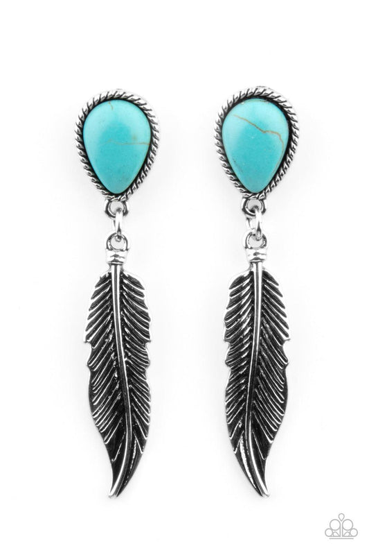 Paparazzi Accessories Totally Tran-QUILL - Blue A lifelike silver feather charm swings from the bottom of a teardrop turquoise stone teardrop, coalescing into a tranquil lure. Earring attaches to a standard post fitting. Sold as one pair of post earrings.