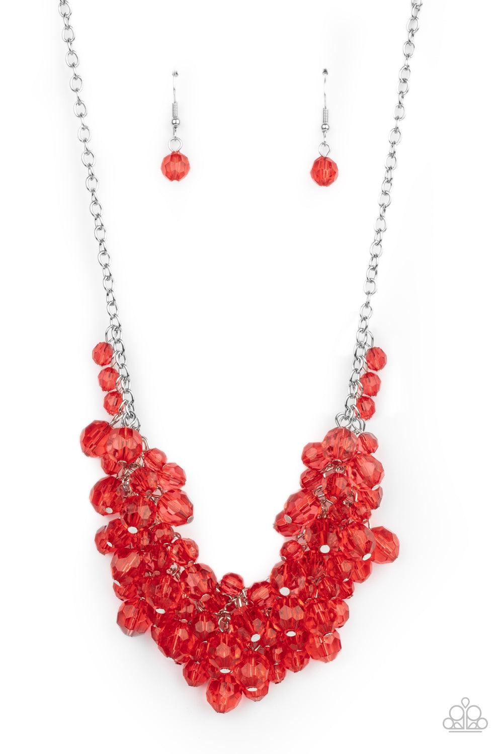 Paparazzi Accessories Let The Festivities Begin - Red Row after row of glittery red crystal-like beads swing from interconnected strands of silver chain, creating a colorfully effervescent fringe below the collar. Features an adjustable clasp closure. Sol