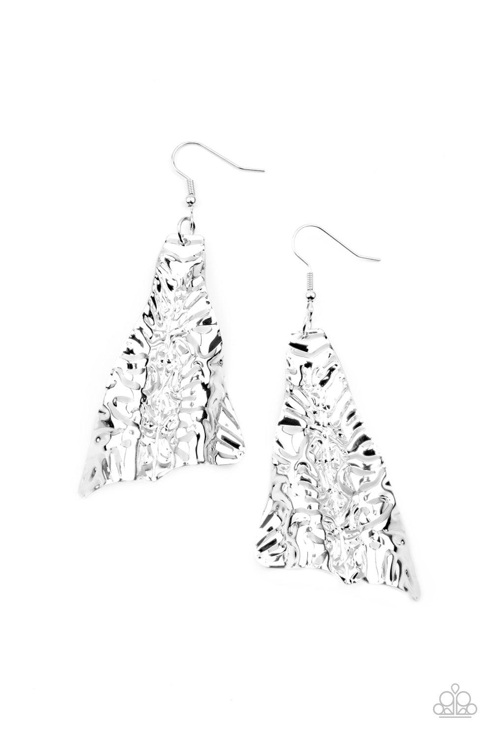 Paparazzi Accessories How FLARE You! - Silver Embossed in wavy details, a flared silver frame creases into a rippling lure for an edgy look. Earring attaches to a standard fishhook fitting. Sold as one pair of earrings. Jewelry