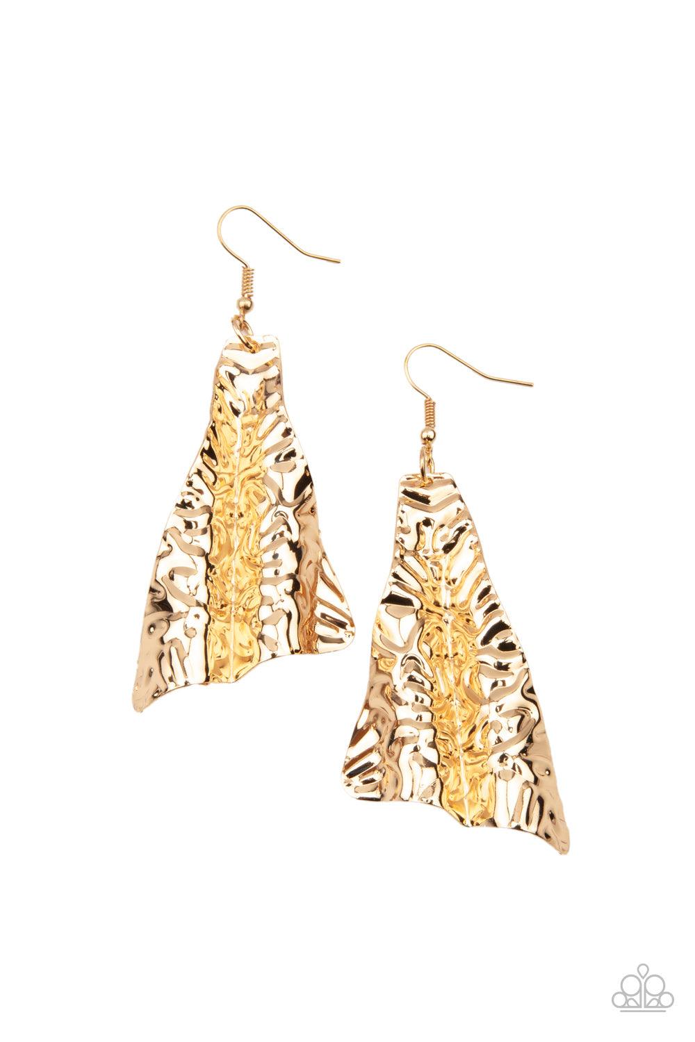 Paparazzi Accessories How FLARE You! - Gold Embossed in wavy details, a flared gold frame creases into a rippling lure for an edgy look. Earring attaches to a standard fishhook fitting. Sold as one pair of earrings. Jewelry