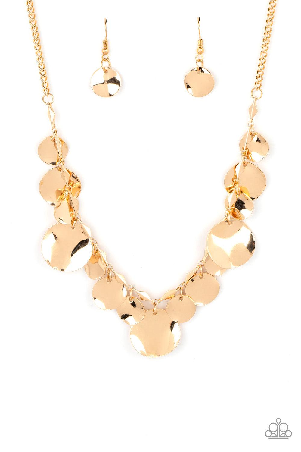 Paparazzi Accessories GLISTEN Closely - Gold Featuring diamond shaped gold fittings, a mismatched collection of hammered gold discs swings from a classic shiny gold chain below the collar for an eye-catching finish. Features an adjustable clasp closure. S