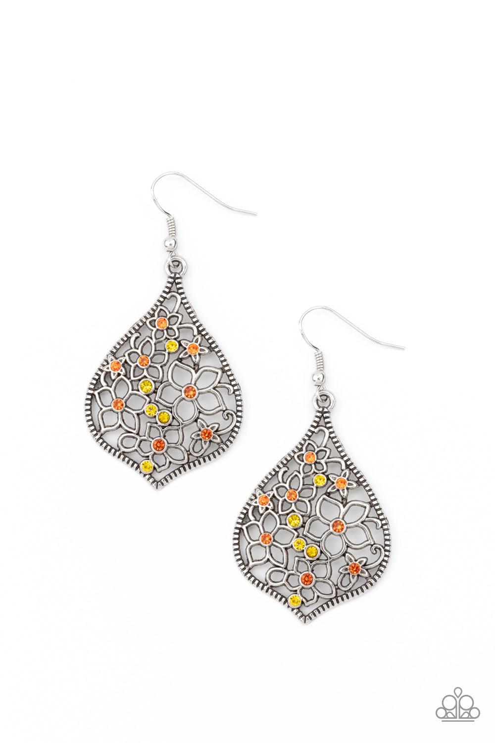 Paparazzi Accessories Full Out Florals - Multi Infused with dainty yellow and orange rhinestones, an airy collection of silver flower frames coalesce inside an ornate silver frame for a colorfully seasonal look. Earring attaches to a standard fishhook fit