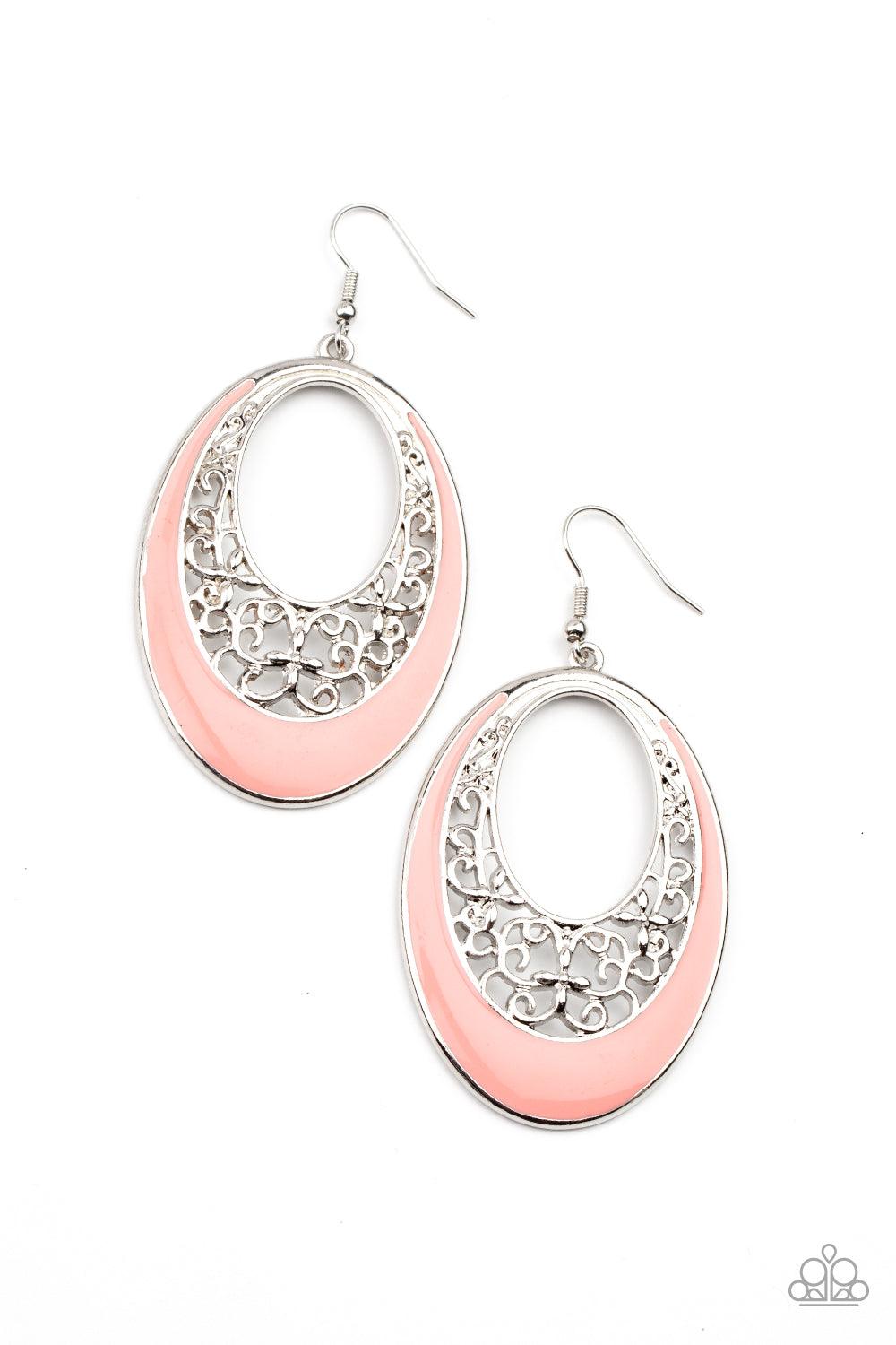 Paparazzi Accessories Orchard Bliss - Orange Featuring a refreshing Burnt Coral accent, airy vine-like filigree climbs the inside of a silver oval, creating a colorful display. Earring attaches to a standard fishhook fitting. Sold as one pair of earrings.