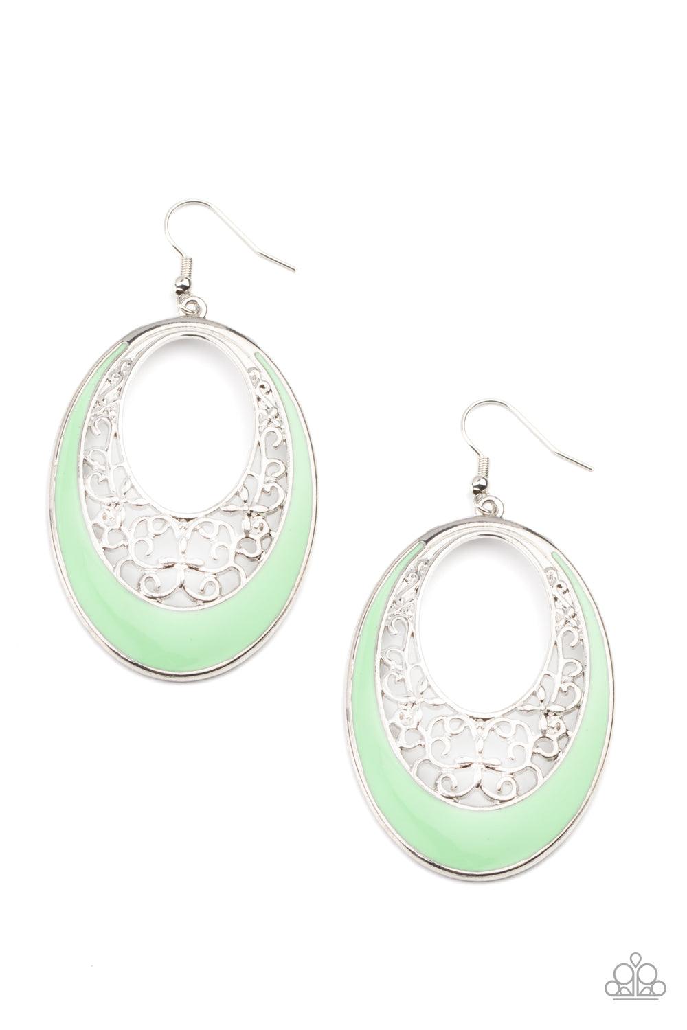 Paparazzi Accessories Orchard Bliss - Green Featuring a refreshing Green Ash accent, airy vine-like filigree climbs the inside of a silver oval, creating a colorful display. Earring attaches to a standard fishhook fitting. Sold as one pair of earrings. Je