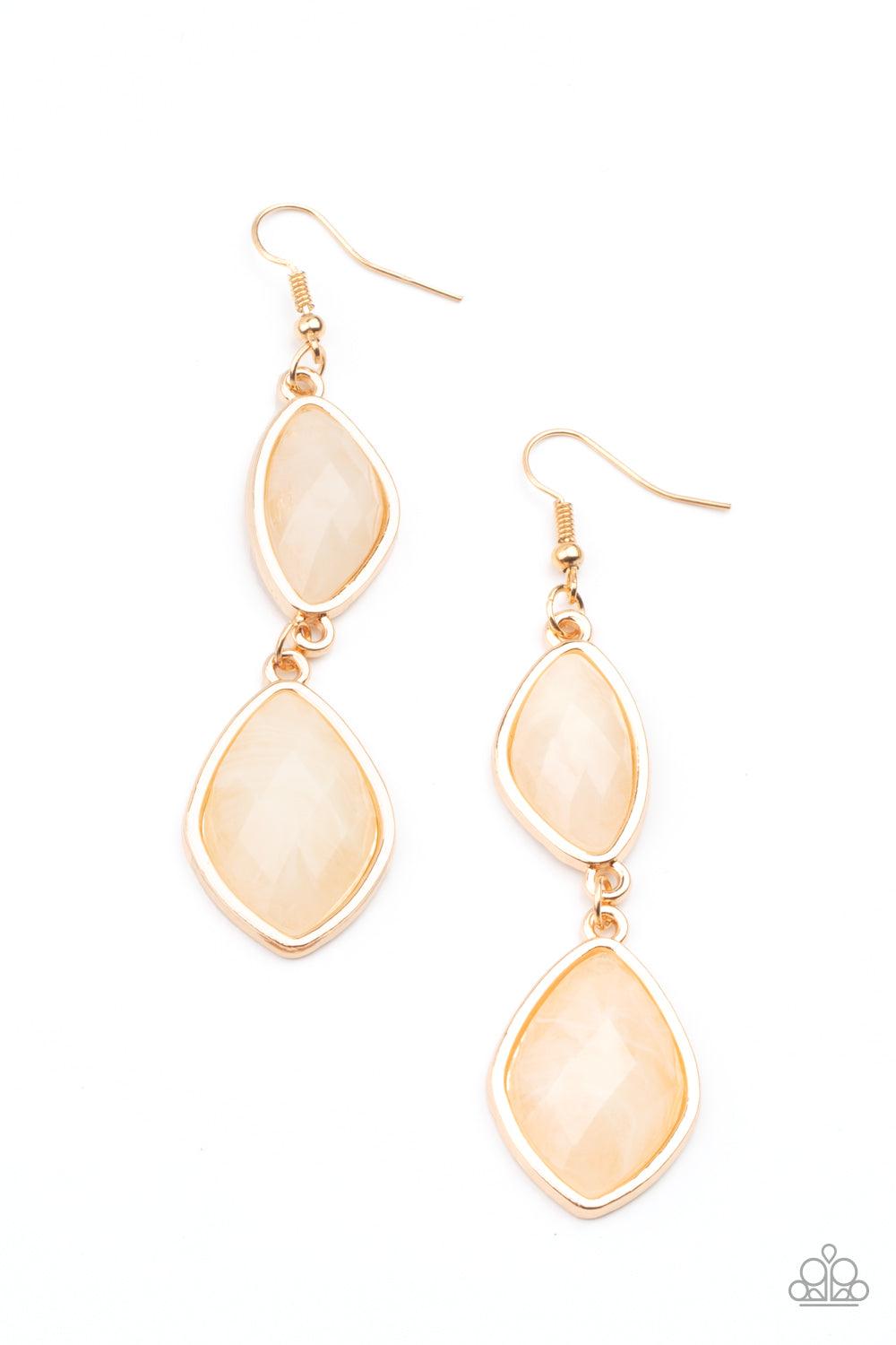 Paparazzi Accessories The Oracle Has Spoken - Gold Featuring shimmery faceted surfaces, cloudy faux stone beads are pressed into sleek gold frames that link into a whimsically refined lure. Earring attaches to a standard fishhook fitting. Sold as one pair