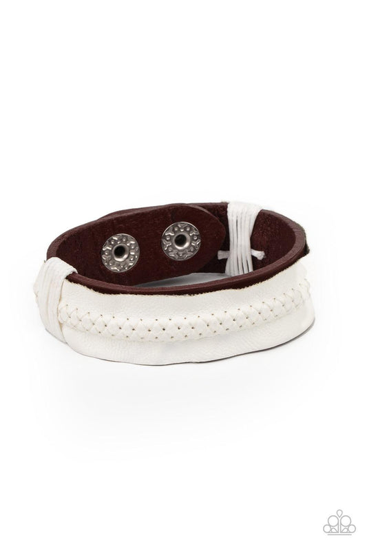 Paparazzi Accessories Country Craft Time - White Featuring tactile stitching down the center, a white piece of vinyl-like leather is knotted in place across the front of a red leather band, creating a one-of-a-kind centerpiece around the wrist. Features a